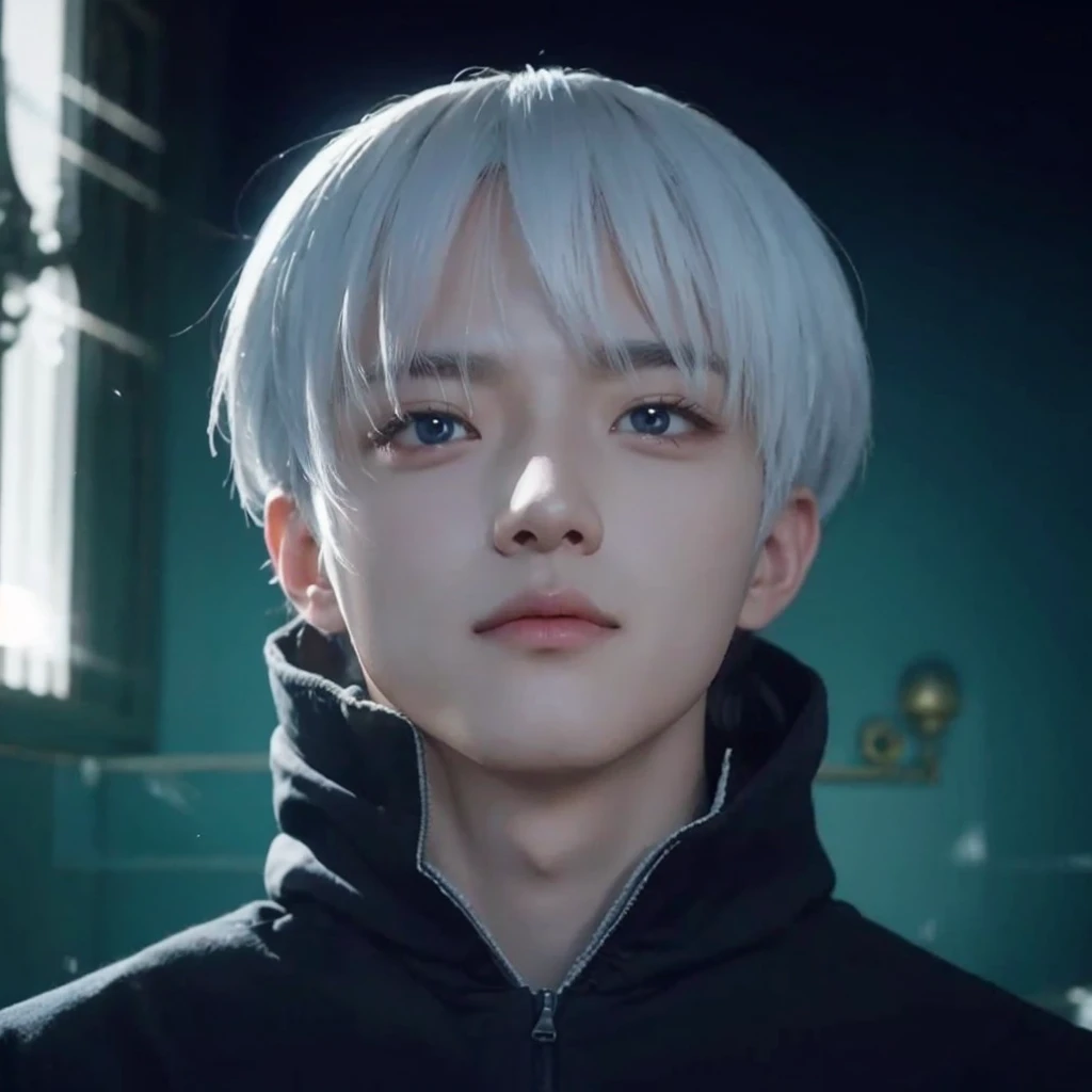 Real life adaption of this character, korean handsome face,realistic outfit,detailed eyes,realistic white hair,realistic background,hyper realistic,realism,realistic light, realistic shadow,(photorealistic:1.2), looking to viewer