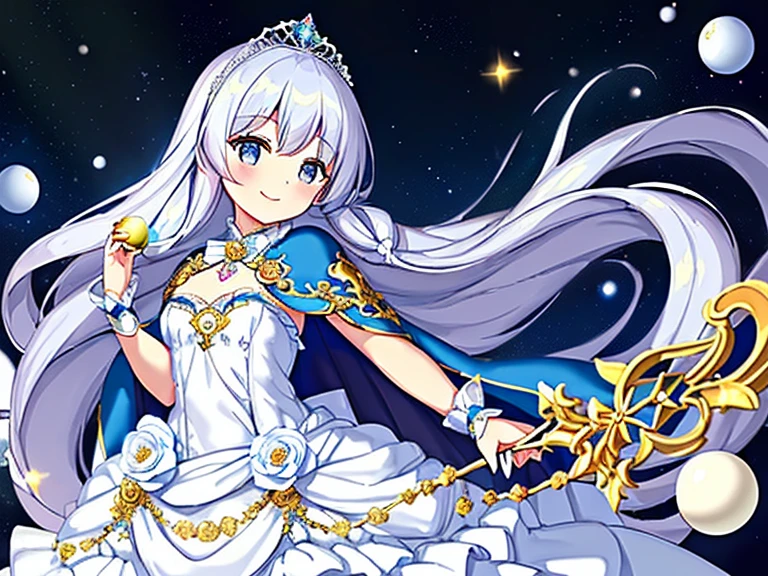 looking at viewer, upper body,(masterpiece),(best quality),(rococo style),(long train blue cape:1.15), very long cape,(long train white ball gown with flower decorations:1.1), a girl is wearing a cape over her gown, 1 little princess, tiara, smile, very long hair, small breasts