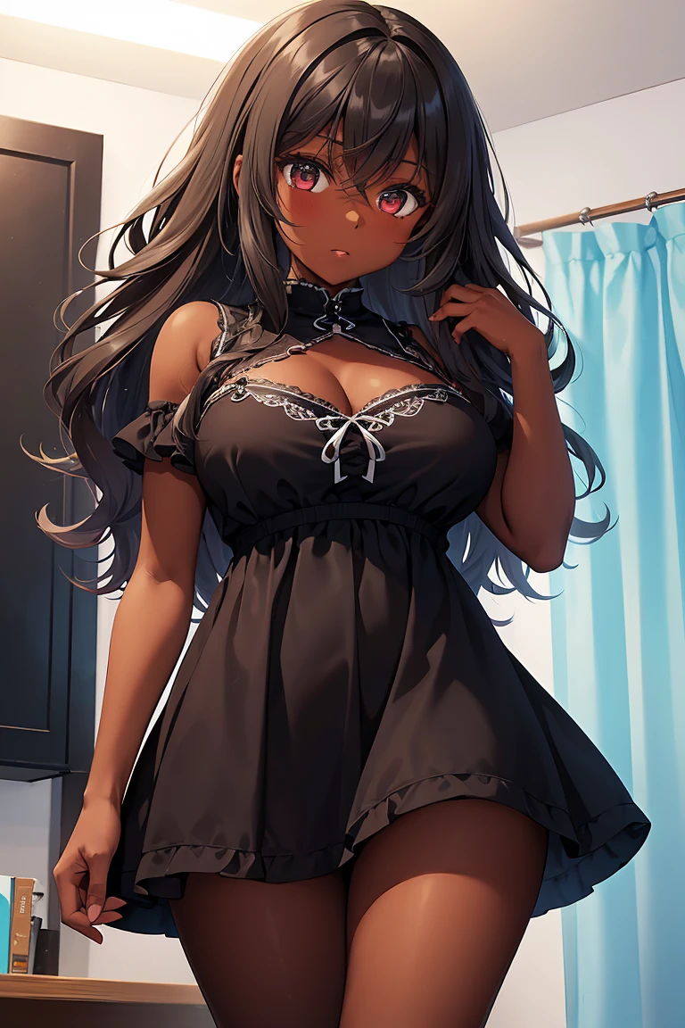 1 girl, ((dark skin)), black girl, long curly hair, ((C cup breasts)), ((wearing a short baby doll dress)), cute, sexy, legs showing, detailed, 4k.