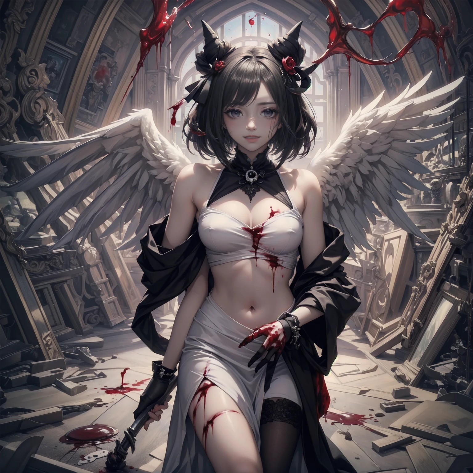 (Highest quality,4K,High resolution,masterpiece:1.2),Very detailed,Realistic:1.37,Spooky altar background,Dark fantasy,Red color scheme,Ominous atmosphere,Eye-catching,Storytelling,anatomy,Anime Style,Concept Art,beautiful細部までこだわった顔と (((Red eyes ))),Terrifying Ritual ,Satanic Ritual,Untimely Death,Unjust act,Crazy Smile,Scythe Face,Girl Monster, beautiful, Delicate facial features, Sharp Eye, Sharp Fangs, Pale skin, Thick chain, Dark Background, Cinema Lighting, Dramatic Shadows, Gothic style, Gloomy atmosphere, Dark fantasy, One Girl, , Please open your mouth wide, Open your mouth and baring your teeth,Sharp teeth like a beast, Wide lips, very wide mouth, Vermilion cheeks, ,(Blood splatter:1.4),Scary smile, laugh at,Fallen angel design, Twisted smile、Bloodstained、bleeding from the head,,、Blood splatter、,(Blood splatter:1.4),Crossbones, skull,Horror Style, ((Fantasy Fallen Angel Costume)), ((Flowing black hair)), ,(Blood splatter:1.4),Female curves, Sexy flat stomach, Perfect hands, Perfect anime face, ((White ta Dress)), Are standing, ((Wicked Smile)), ,(Blood splatter:1.4), Steam circulates, Moonlight Illumination, night lighting, disaster々new devil horns,,(Blood splatter:1.6),アニメFallen angel design, Twisted smile、Bloodstained、bleeding from the head,,、Blood splatter、,(Blood splatter:1.4),Crossbones, skull,Gothic architecture、Western architecture、Fantasy World、,Victorian cities, Skeleton Gaslight,