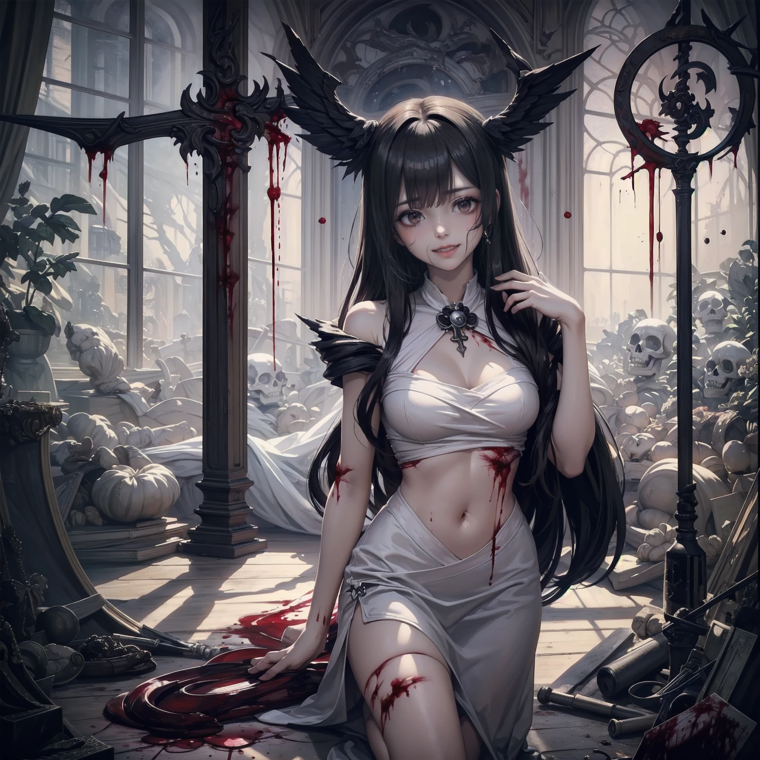 (Highest quality,4K,High resolution,masterpiece:1.2),Very detailed,Realistic:1.37,Spooky altar background,Dark fantasy,Red color scheme,Ominous atmosphere,Eye-catching,Storytelling,anatomy,Anime Style,Concept Art,beautiful細部までこだわった顔と (((Red eyes ))),Terrifying Ritual ,Satanic Ritual,Untimely Death,Unjust act,Crazy Smile,Scythe Face,Girl Monster, beautiful, Delicate facial features, Sharp Eye, Sharp Fangs, Pale skin, Thick chain, Dark Background, Cinema Lighting, Dramatic Shadows, Gothic style, Gloomy atmosphere, Dark fantasy, One Girl, , Please open your mouth wide, Open your mouth and baring your teeth,Sharp teeth like a beast, Wide lips, very wide mouth, Vermilion cheeks, ,(Blood splatter:1.4),Scary smile, laugh at,Fallen angel design, Twisted smile、Bloodstained、bleeding from the head,,、Blood splatter、,(Blood splatter:1.4),Crossbones, skull,Horror Style, ((Fantasy Fallen Angel Costume)), ((Flowing black hair)), ,(Blood splatter:1.4),Female curves, Sexy flat stomach, Perfect hands, Perfect anime face, ((White ta Dress)), Are standing, ((Wicked Smile)), ,(Blood splatter:1.4), Steam circulates, Moonlight Illumination, night lighting, disaster々new devil horns,,(Blood splatter:1.6),アニメFallen angel design, Twisted smile、Bloodstained、bleeding from the head,,、Blood splatter、,(Blood splatter:1.4),Crossbones, skull,Gothic architecture、Western architecture、Fantasy World、,Victorian cities, Skeleton Gaslight,
