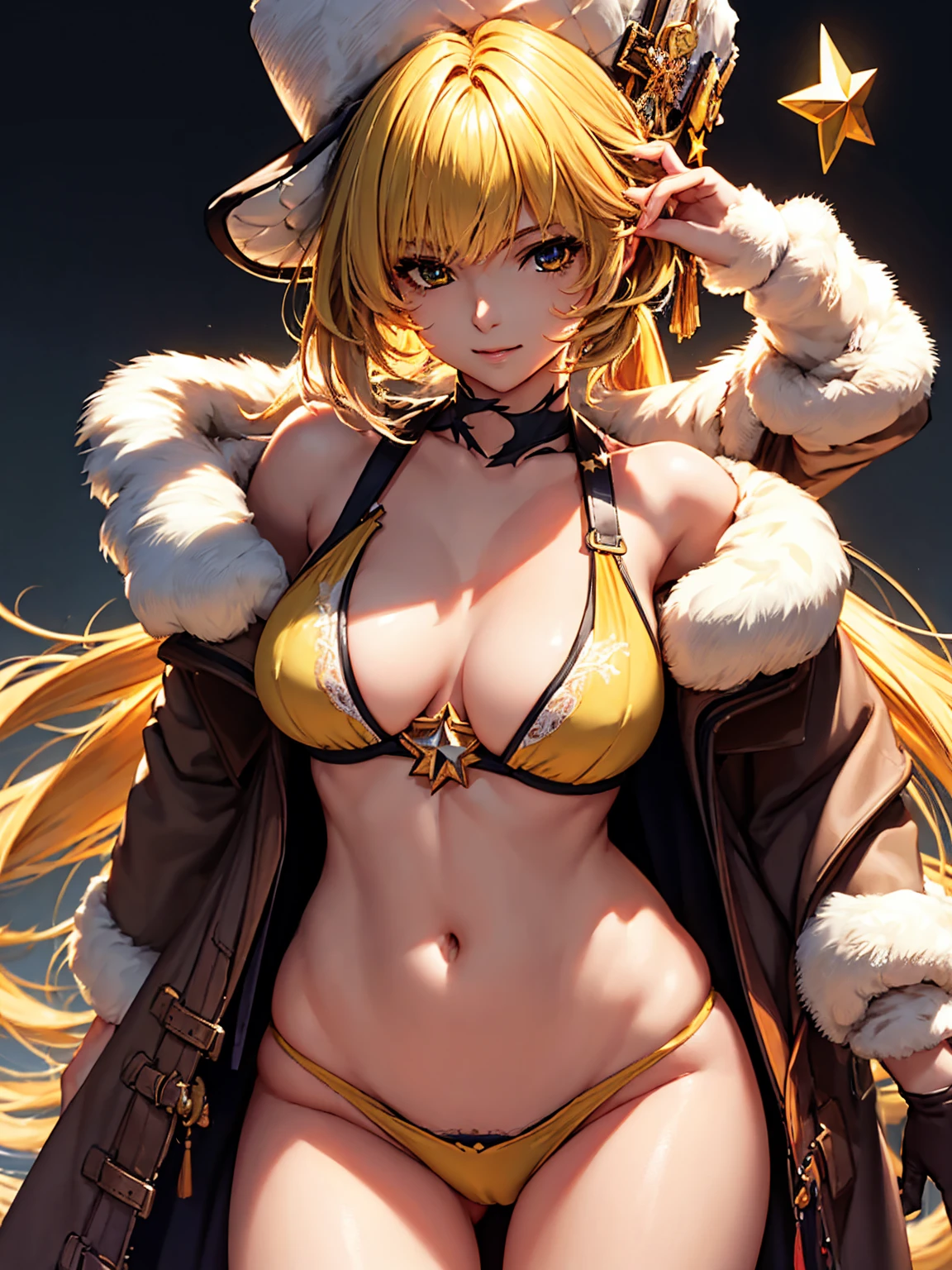 top-quality、tmasterpiece、Very high resolution、super high image quality、High-quality pixels)、perfect eyes, perfect face, perfect body figure,solo,8K,(Detailed description of hair), (Detailed description of face),(Detailed description of body), fair and clear skin, matchless beauty, long legged, blonde hair details expressed, The details have been upgraded, light yellow eyes, coat outfit, furry high hat, hook (Honkai Star Rail), proper light on face, cowboy shot, twin ponytails