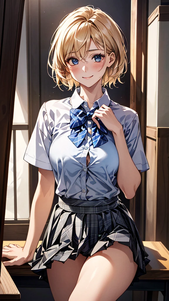 (masterpiece:1.3, Highest quality, Ultra-high resolution, Super detailed), (Realistic, photoRealistic:1.4), Beautiful illustrations, Perfect lighting, Natural light, colorful, Depth of written boundary,
View your viewers, whole body, Front view:0.6, 1 girl, Japanese, high School girl, Perfect Face, (Perfect Anatomy), Cute and symmetrical face, Baby Face, Glowing Skin, ,
(short hair:1.5, Pixie Cut:1.2, Blonde), Hair between the eyes, blue eyes, Long eyelashes, (Large Breasts:0.8),
Beautiful Hair, Beautiful Face, Beautiful attention to detail, Beautiful clavicle, Beautiful body, Beautiful breasts, Beautiful thighs, Beautiful feet, Beautiful fingers,
((Collared short-sleeved shirt, White shirt, Grey plaid pleated skirt, Blue checked bow tie)), White panties,
(Beautiful views), Daytime, (School), Are standing, (Lift up the skirt, Grab the hem of your skirt, please put your hand on your chest, Place your hands between your legs), (Captivating smile, Upward glance),