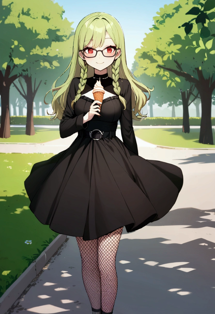 1 girl, lime long hair, two braids, Red eyes, Glasses, black gothic dress, fishnet stockings, Short, medium breast, outdoors, park, holding icecream, smiling