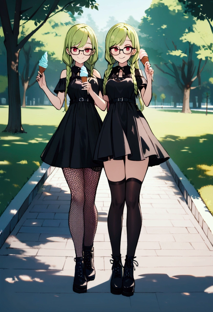 1 girl, lime long hair, two braids, Red eyes, Glasses, black gothic dress, fishnet stockings, Short, medium breast, outdoors, park, holding icecream, smiling