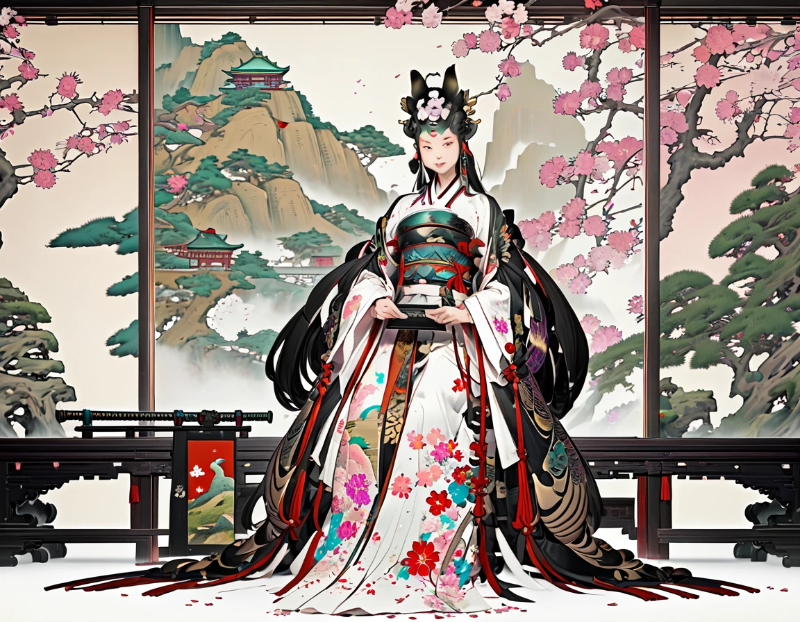 A picture of a woman in a kimono sitting upright,Black waist-long hair,palace,She is wearing a twelve-layered kimono, Heian picture scroll style, Beautiful artwork,Beautiful art,sakura petals around her,8k,Flowing cherry-colored silk