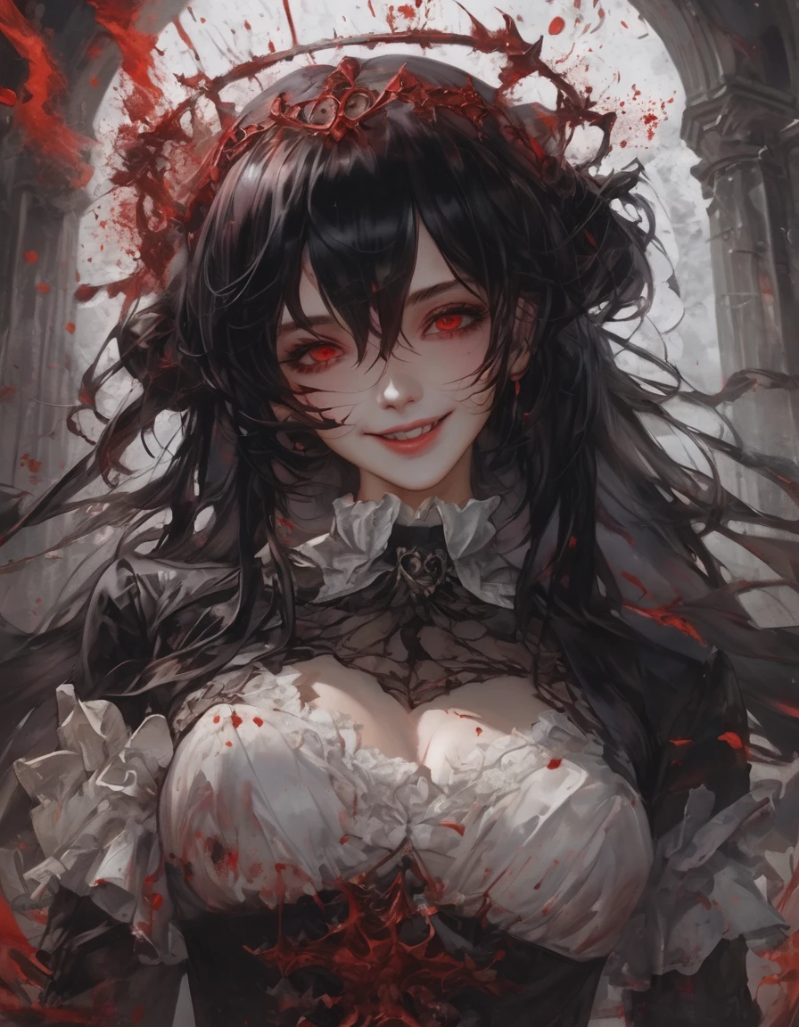 (Highest quality,4K,High resolution,masterpiece:1.2),Very detailed,Realistic:1.37,Spooky altar background,Dark fantasy,Red color scheme,Ominous atmosphere,Eye-catching,Storytelling,anatomy,Anime Style,Concept Art,beautiful細部までこだわった顔と (((Red eyes ))),Terrifying Ritual ,Satanic Ritual,Untimely Death,Unjust act,Crazy Smile,Scythe Face,Girl Monster, beautiful, Delicate facial features, Sharp Eye, Sharp Fangs, Pale skin, Thick chain, Dark Background, Cinema Lighting, Dramatic Shadows, Gothic style, Gloomy atmosphere, Dark fantasy, One Girl, , Please open your mouth wide, Open your mouth and baring your teeth,Sharp teeth like a beast, Wide lips, very wide mouth, Vermilion cheeks, ,(Blood splatter:1.4),Scary smile, laugh at,Fallen angel design, Twisted smile、Bloodstained、bleeding from the head,,、Blood splatter、,(Blood splatter:1.4),Crossbones, skull,Horror Style, ((Fantasy Fallen Angel Costume)), ((Flowing black hair)), ,(Blood splatter:1.4),Female curves, Sexy flat stomach, Perfect hands, Perfect anime face, ((White Lolita Dress)), Are standing, ((Wicked Smile)), ,(Blood splatter:1.4), Steam circulates, Moonlight Illumination, night lighting, disaster々new devil horns,,(Blood splatter:1.6),アニメFallen angel design, Twisted smile、Bloodstained、bleeding from the head,,、Blood splatter、,(Blood splatter:1.4),Crossbones, skull,Gothic architecture、Western architecture、Fantasy World、,Victorian cities, Skeleton Gaslight,