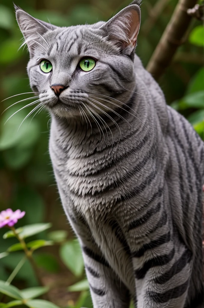 Grey Cat,striped,with green eyes sits in a clearing,there is a butterfly on his nose