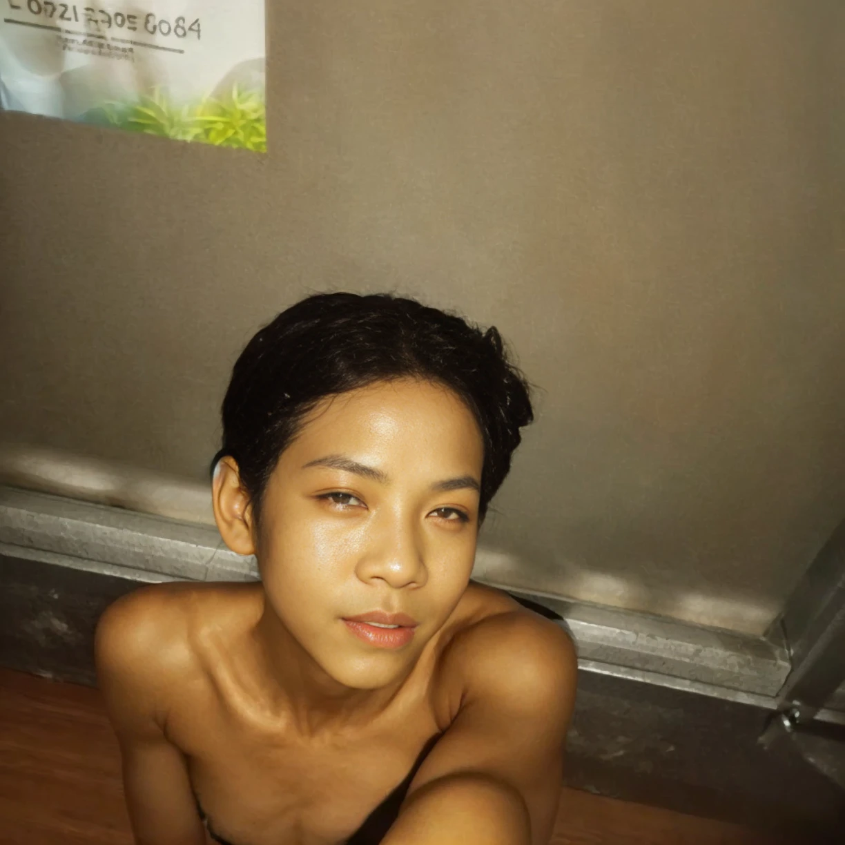 Teenage  Thai boy group sitting on floor, watching one old style television,shirtless wearing dirty underwear, in old house, sitting turn back to viewer,Bangkok alleyway 1991s, sunset, happy time 