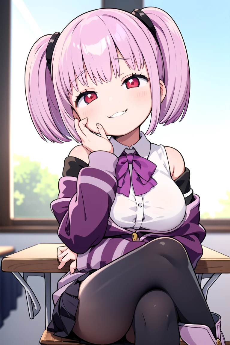 1girl, grin, :3, twintails, upper body, hand to own mouth, looking at viewer, half-closed eyes, hoodie, pink hair, blue eyes,Masterpiece, Best quality, A high resolution, Akane Shinjo, 1girll, Solo, Pantyhose, shirt, bow, Skirt, purple jacket, Jacket, White shirt, Long sleeves, Short hair, Black skirt, Collared shirt, Black pantyhose, Open clothes, neck bowtie, Purple bow, Breasts, bangs, Red eyes, Pleated skirt, cropped shoulders, Open jacket, sleeves past wrists, Light purple hair, Purple bow tie, Miniskirt, Cowboy shot, Classroom,((crossed legs)), boots,