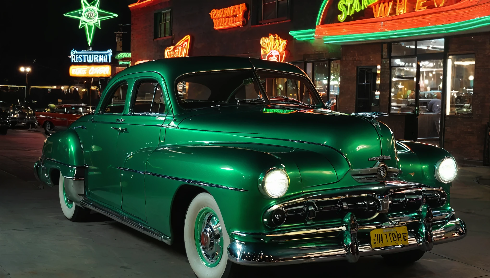 1952 Dodgel Kingsway, STAR WHEEL, WIDE WHEEL, METALLIC GREEN COLOR, LIGHTED HEADLIGHTS, DARK WINDOWS, parked outside of a Restaurant,