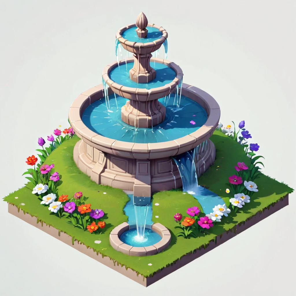 Isometric Model,a fountain,Flowers,grassland,white background,Game architecture design,Cartoon,casual game style, Game assets,Isometric,2d,Game Art