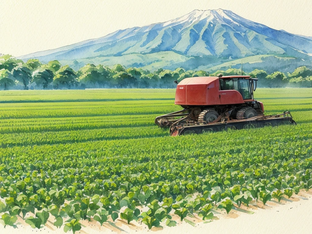 A poor farmer、The moment when I finally found the sprouts after plowing the field。The tearful illustration is done in watercolor.、Faded Japanese paper