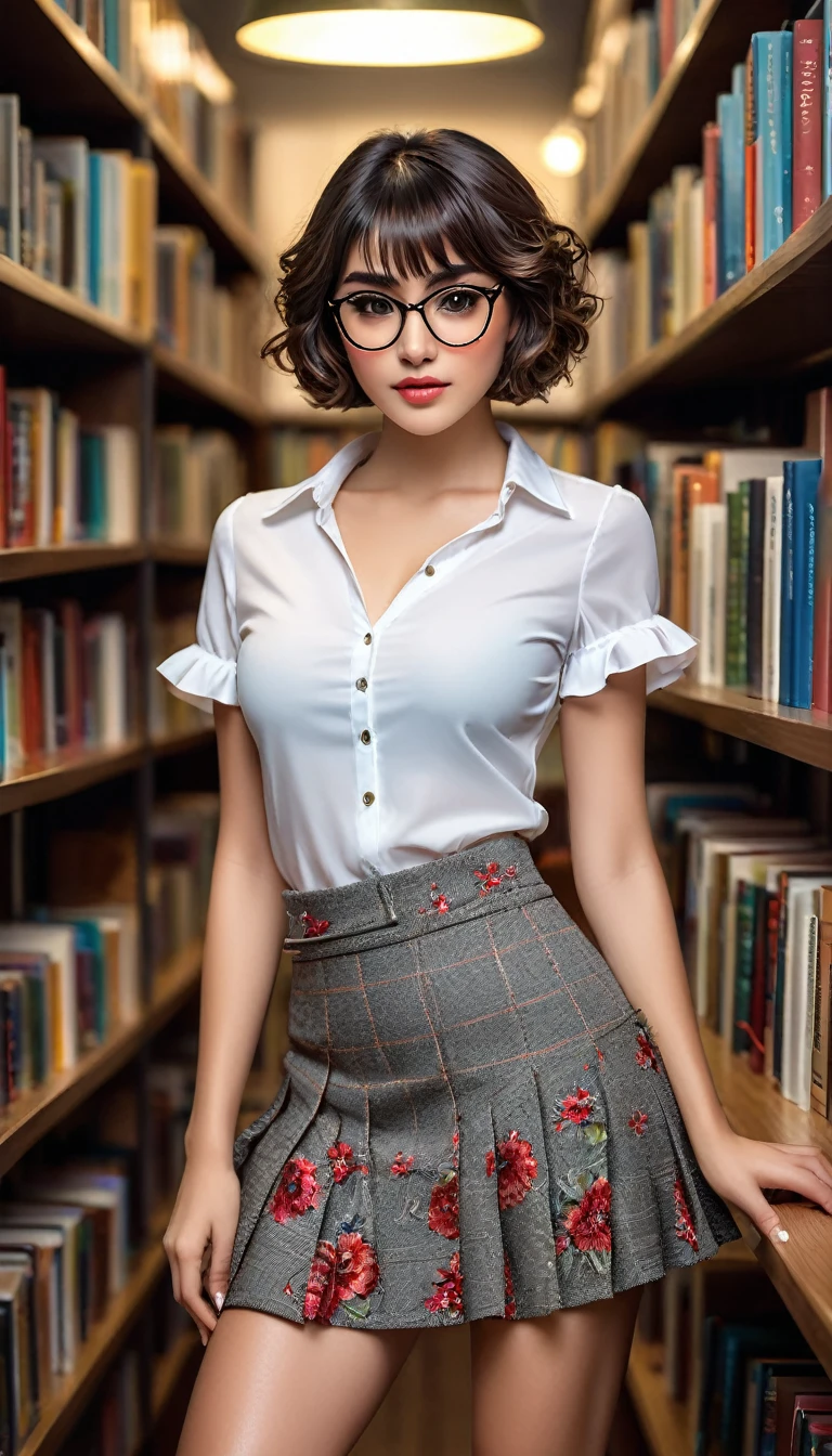 (((beautiful beautiful Isabela Merced, posing for uploadss, looking sexy, ruffled lips, Cabelo curto e curly, extremely pretty eyes))), ((wearing floral silver necklace)), realistic uploadsgraph, highy detailed, Foco do pointed, (Main lighting), (indoor bookstore environment), artwork, extremely pretty, Perfect beauty, (perfect shape body, Broad Hips, small waist, thick-thighs, firm abs, Body cute, knees, knees, focus on the knees, breasts small), cabelo curto com franja, short hair with bangs covering the forehead, cabelo curto com franja ((((short hair with bangs covering the forehead)))), ((30 years old)), (extremely detaild 8k wallpaper), ((face detailed)), (((wearing  white shirt, microsaia curta de tweed, knees, knees, very short skirt)), (long dark eyelashes), (looking at the camera), (((cleavage))), (glamor model), (seductive facial expression) (((standing between high shelves full of books))), extremely detaild, artwork, Intricate details, highy detailed, Foco do pointed, skin detailed, realistic skin texture, texture, detailedeyes, high resolution, kodak vision color, uploads_\(ultra\), Post-processing, maximum detail, roughness, real-life, ultra realistic, uploadsrealism, uploadsgraphy, absurderes, RAW uploads, highest quallity, high detail RAW color uploads, professional uploads, extremely detaild UHD 8k wallpaper unit, best quality, high resolution, (artwork, maximum quality, high resolution:1.4), uploads, cinematic, film grain, pointed, soft natural light, magic uploadsgraphy, super verbose, ((whole body: legs 1.3)), librarian glasses, nerd glasses, ((pleated miniskirt: miniskirt 1.3)), unbuttoned blouse with cleavage, bellybutton, navel, cleavage