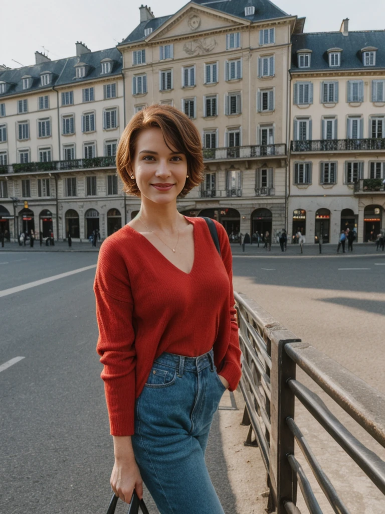 Emily Richardson, 1girl, solo, (((consistent face and image))), ((20 years old)), realistic, photorealistic, (red cranky hair), short hair, (((Caucasian mature woman))), (Swiss woman), (Swiss nose), (Swiss thick lips), posing outside the Picturesque island commune with stunning medieval architecture, upper body and upper legs, smirking