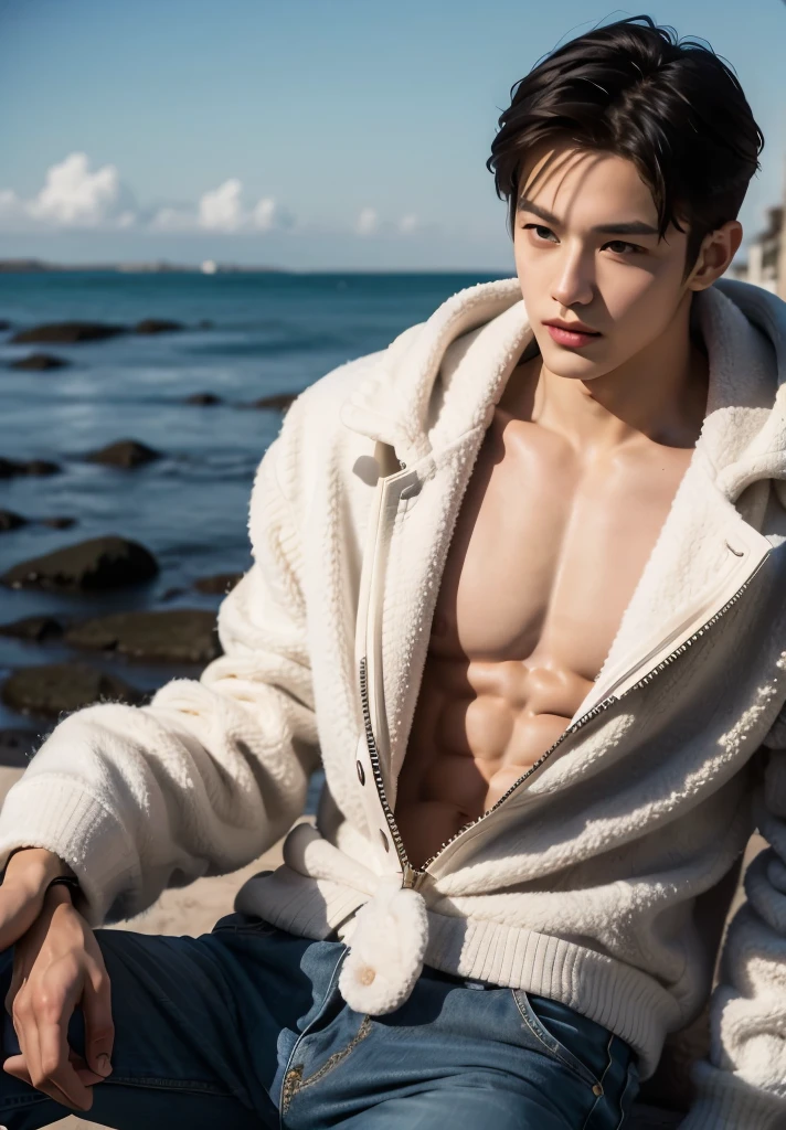 handsome male,big muscle,crew cut,soft light dark academia,outfits,winter,seaside