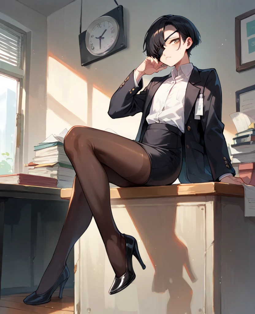 Sitting on table in random office. Femboy she's in black eyepatch over her right eye, dark pantyhose, black skirt, High heels, black jacket, white shirt, black hair, short Hair