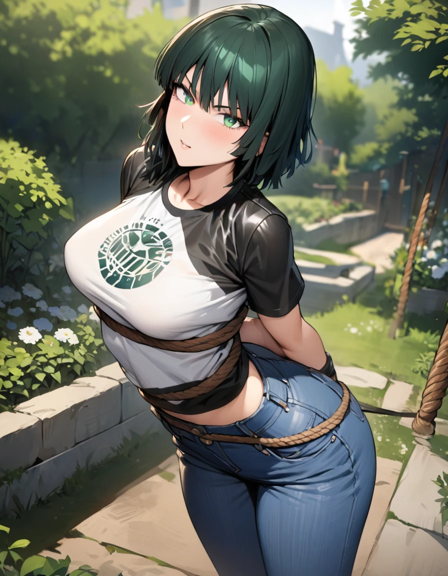 Masterpiece , highly detailed , best quality , perfect face , green eyes , fubuki , wearing black leather jacket over white printed t-shirt and blue jeans , in garden , arms bound behind back with rope , looking at camera , standing still 