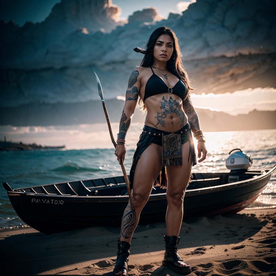 beautiful muscular maori warrior girl with tattoos, standing with a spear in hand on the beach with a boat in the background, intricate detailed tattoos, dynamic pose, dramatic lighting, cinematic, photorealistic, 8k, high quality, hyper detailed, volumetric lighting, vivid colors, moody atmosphere, cinematic angle