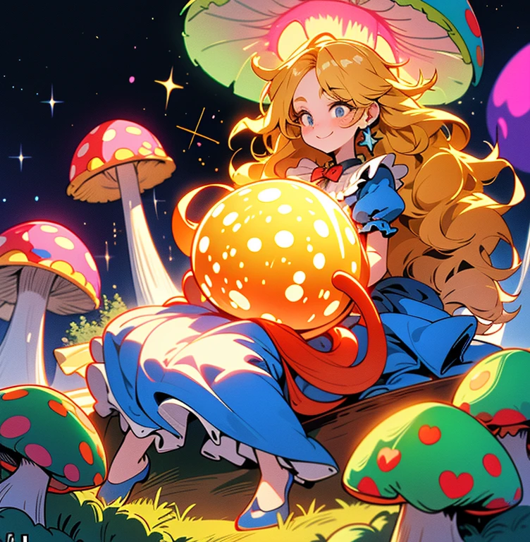 (masterpiece, top quality, best quality), pixel,pixel art, beautiful blonde woman with big messy hair, Alice in Wonderland, holding a glowing mushroom in her hands with colorful stars, sitting on a giant glowing mushroom