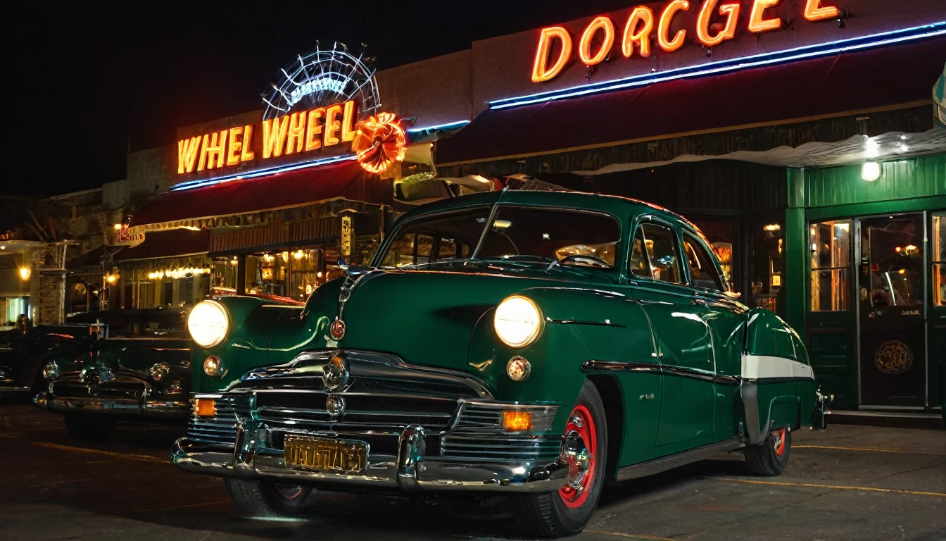 1952 Dodgel Kingsway, STAR WHEEL, WIDE WHEEL, British racing green COLOR, LIGHTED HEADLIGHTS, DARK WINDOWS, parked outside of a Restaurant,
