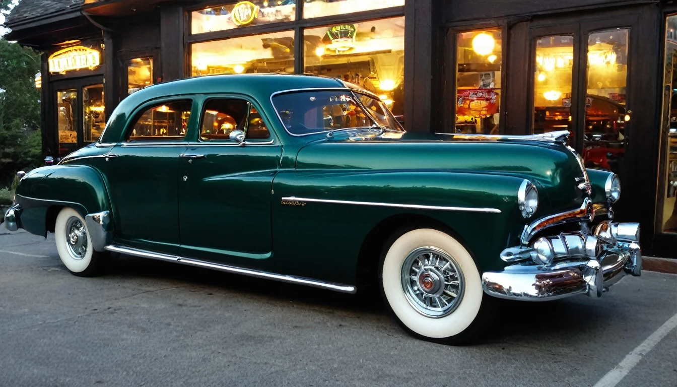 1952 Dodgel Kingsway, STAR WHEEL, WIDE WHEEL, British racing green COLOR, LIGHTED HEADLIGHTS, DARK WINDOWS, parked outside of a Restaurant,