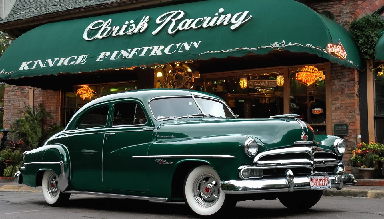 1952 Dodgel Kingsway, STAR WHEEL, WIDE WHEEL, British racing green COLOR, LIGHTED HEADLIGHTS, DARK WINDOWS, parked outside of a Restaurant,