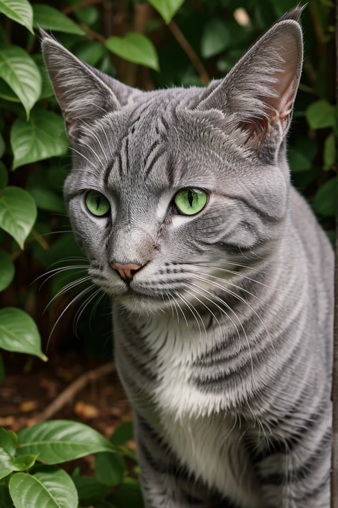 Grey Cat,striped,with green eyes sits in a clearing,there is a butterfly on his nose