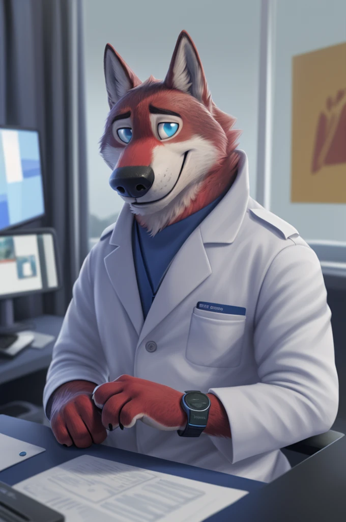 Joachim Wolfbach (Zootopia),tall handsome, wolf,young, 24 years, brown fur,(red body:1.3),Blue eyes, Moscow Dressed,red cassock, red headdress,in a medical suit, BLUE, stethoscope, cardiac surgeon,canine, wolf, detailed fur, Male, antro, paw pads, finger claws,Prays, at viewer, 5 fingers, paws, 5 fingers, smile, happy, resting, wrist watch, т nextel, sitting in his office at home, by xenoforge, (difficult, high detail, digital, photo, soft focus, RAW, pilot by training,ulba, tender, good, sincere photorealism, realistic, photorealistic, analog style, subsurface scattering, 
masterpiece, Best quality, ultra realistic, 8 K)