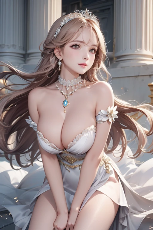 (Highest quality,High resolution,masterpiece,8k),Bright and vibrant colors,Official artwork,Standing posture,(above the knee shot),Stylish makeup,Silver blonde medium-long hair fluttering in the wind、tiara,necklace,Captivating eyes,Glossy Lips,Off the shoulder、White lace dress,Cute girl with ample breasts,Beautiful neckline, Holding,(Captivating smile),Solemn atmosphere,Greek Mythology,An ancient and majestic temple、Digital Art,Detailed CG,