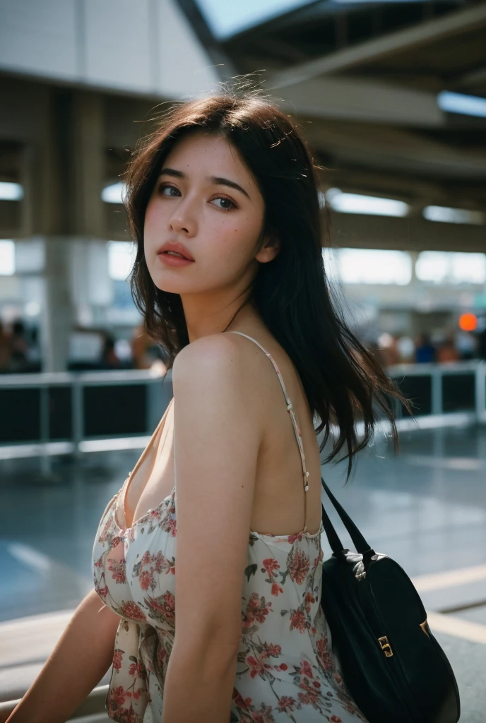 Medium shot, Best quality, a 25y pretty spain women, wearing floral slip dress, tight breast, hair blowing in the wind, summer, moody atmosphere, beautiful shadow and sunlight, waiting among people at the airport, kodacrhome, cinematic lighting, masterpiece composition, perfect direct of photography, realistic face and eyes, realistic skin, ultra highly detailed, sharp focus, beautiful film bokeh, surreal view, candid photo, shot by zenit camera with 35mm lens, Portrait by annie leibovitz

