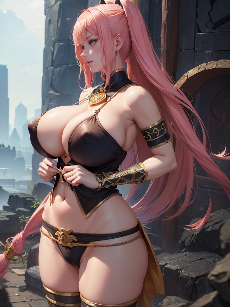 Highly detailed CG unit 8k wallpaper, masterpiece, High resolution, highest quality, highest quality real texture skin, Super Real, Digital Painting, Best image quality, 最High resolution, 8k, ((Highly detailed eyes and face)), 1girl, Beautiful eyes every detail, Full Body Shot, (profile, from side), (((Saggy breasts, Gravity-dependent breasts, long chest, Heavy chest, ))), ((disproportionate breasts, huge breasts, sagging breasts, gigantic breasts, erect nipple,)), Tube top, Loincloth, Chinese style embroidery, Barbarian, Bandit, Villain, evil smile, チンギスハン,  Hands on hips,