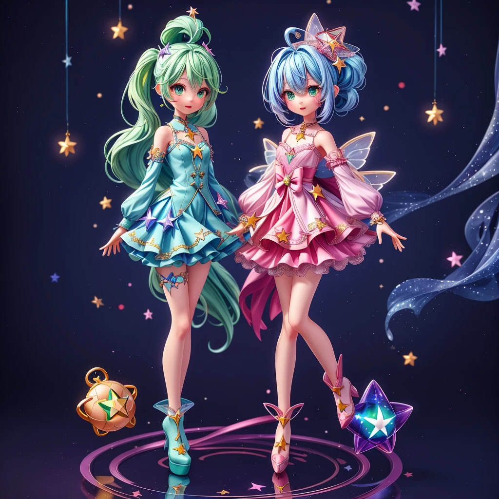 1girginal and unique cute hairstyle、Star Fairy、Star incarnation、Character design front view、A picture facing the viewer、(((Super detailed、Highest quality、Masterpiece)))、Original cute hairstyle、Milky white and blue hair color、Simple Green Background、vtuber-fullbody,