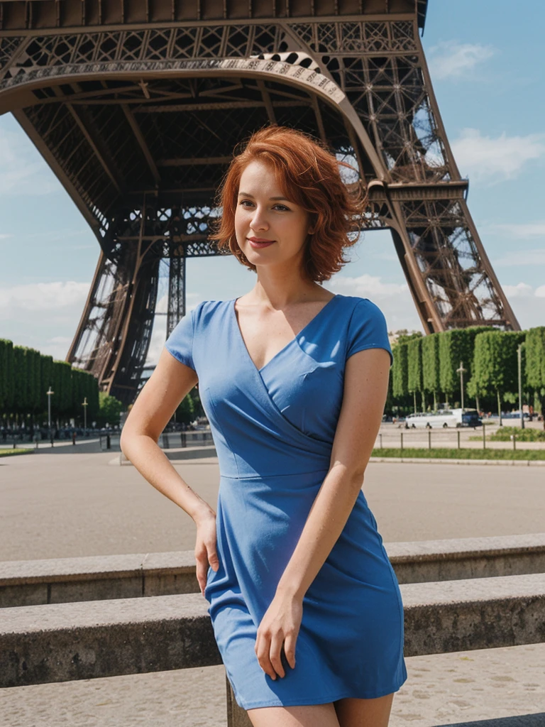 Emily Richardson, 1girl, solo, (((consistent face and image))), ((20 years old)), realistic, photorealistic, (red cranky hair), short hair, (((Caucasian mature woman))), (Swiss woman), (Swiss nose), (Swiss thick lips), posing outside the Eifel tower in Paris, upper body and upper legs, smirking, standing, wearing blue wrap dress