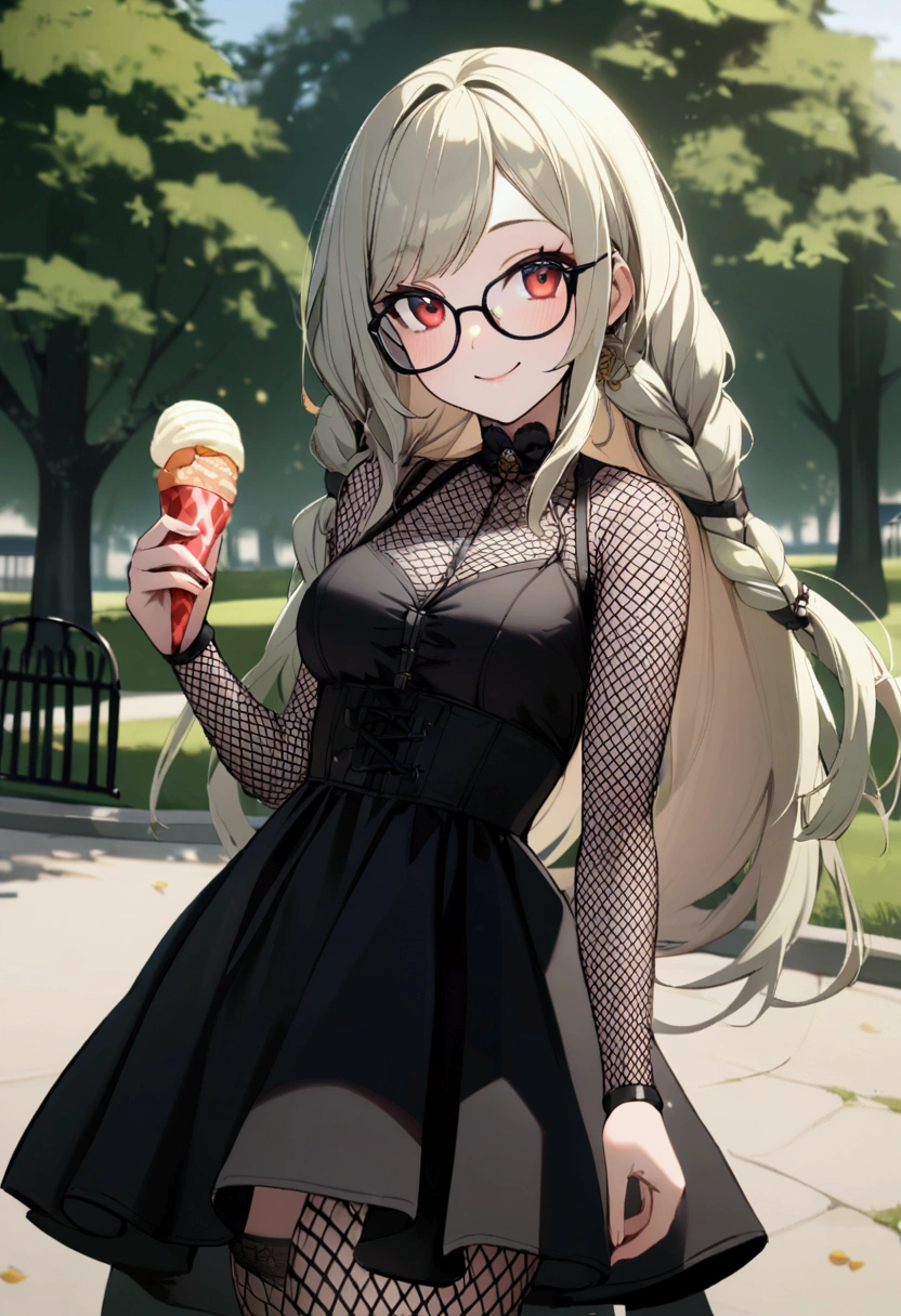 1 girl, lime long hair, two braids, Red eyes, Glasses, black gothic dress, fishnet stockings, Short, medium breast, outdoors, park, holding icecream, smiling, face focus