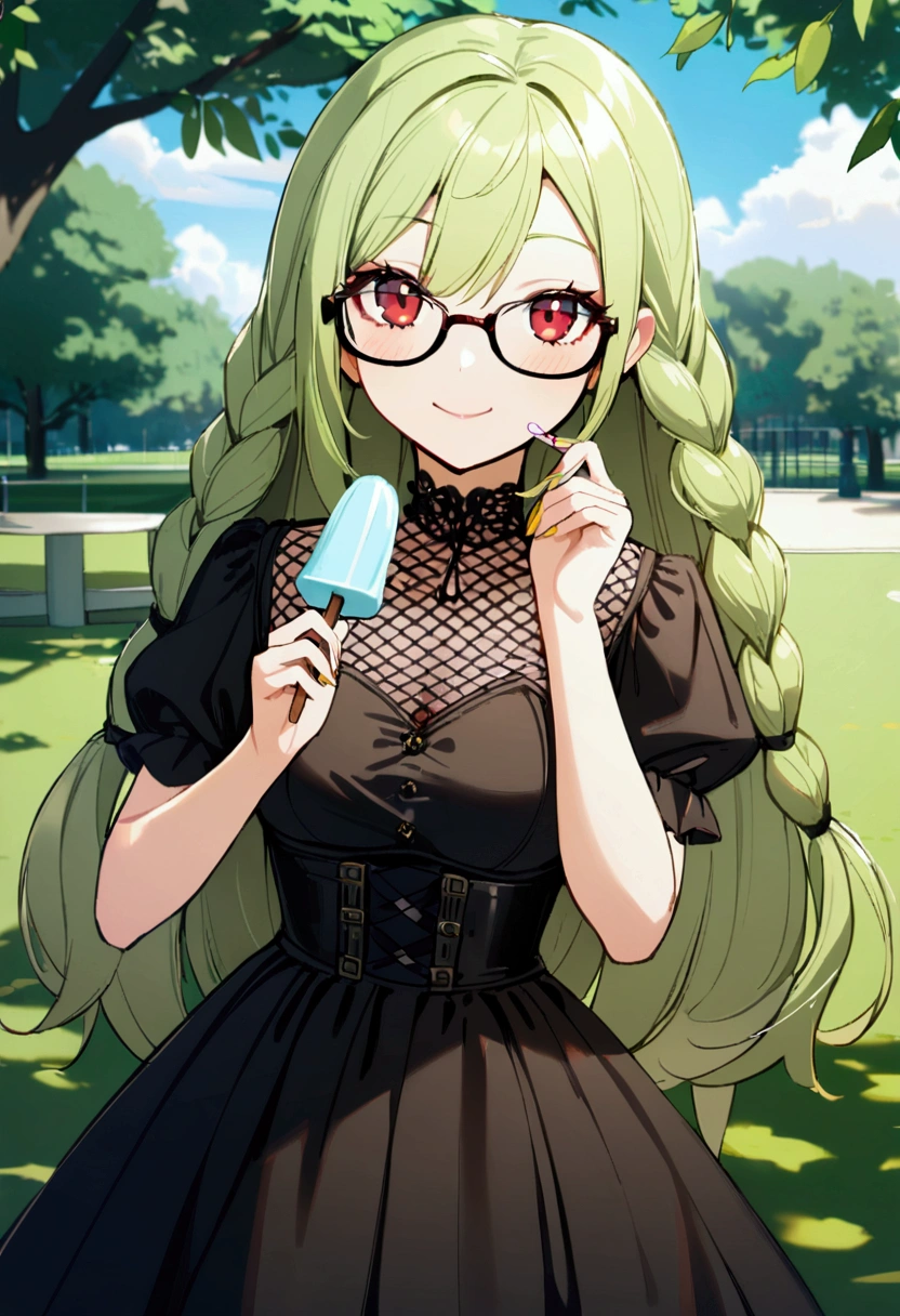 1 girl, lime long hair, two braids, Red eyes, Glasses, black gothic dress, fishnet stockings, Short, medium breast, outdoors, park, holding icecream, smiling, face focus