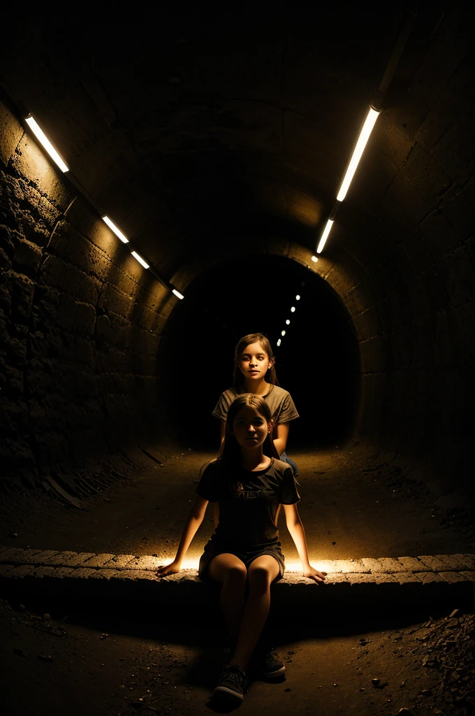 Create a picture of two girls for me where one girl is sitting in the dark and in the end of a dark tunnel and other girl is at the start of the tunnel with a torch of light pointing towards the girl sitting in the dark