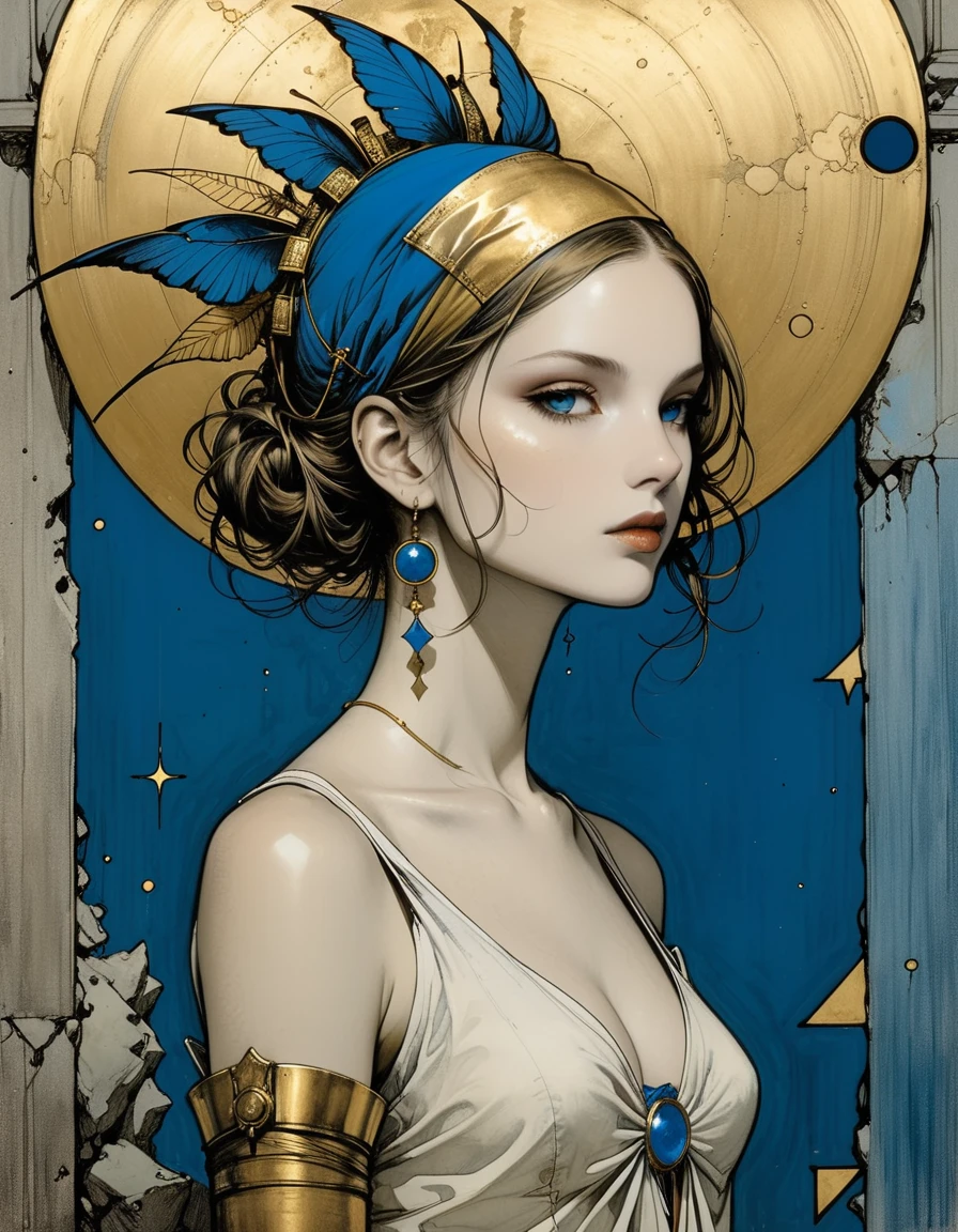style of santiago caruso,Simple lines and shapes,girl,Gold and blue
