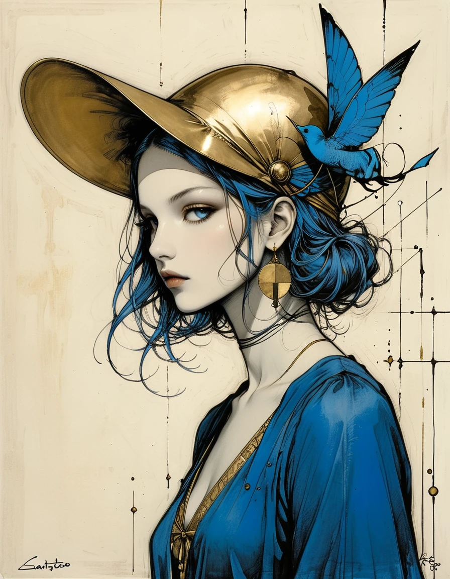 style of santiago caruso,Simple lines and shapes,girl,Gold and blue