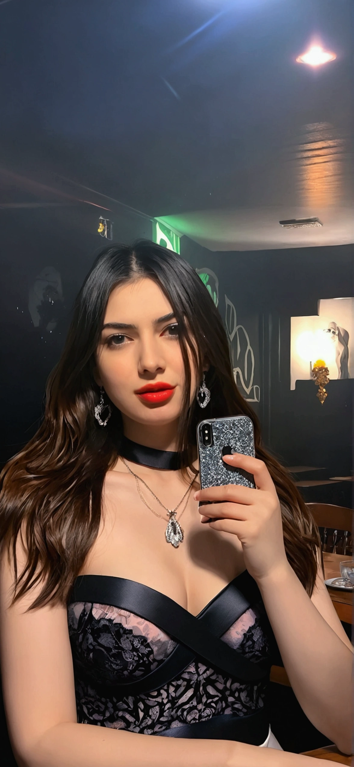 8k wallpaper, masterpiece, movie lighting, best quality, illustration, dramatic angle, ((color: 1.1)), ((color inner hair: 1.4)), 1girl, solo, long hair, water, blue eyes, black glasses, choker, parted lips, white choker, liquid hair, black hair, bangs, from side, side, upper body, simple background, gray background, bare shoulders, portrait, looking at the audience, white dress, hair between eyes, white background, earrings,