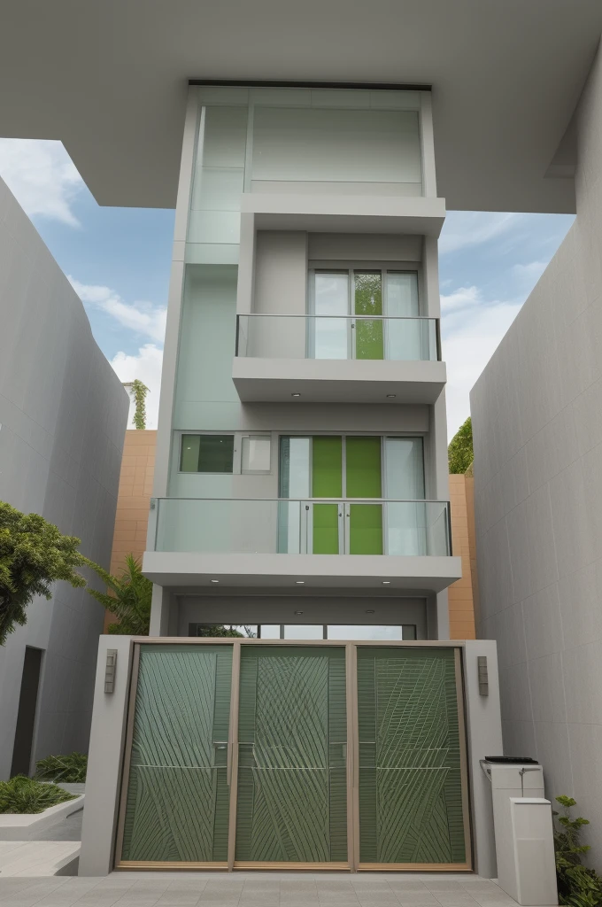 modern villa on street, (daylight), tropical tree, green shrub and plants, vivid color, streetcapes, minimalist design, brigth grey tone, (large glass door:1.2), warm interior lighting, modern material, best quality, ultra realistic, masterpiece, 
