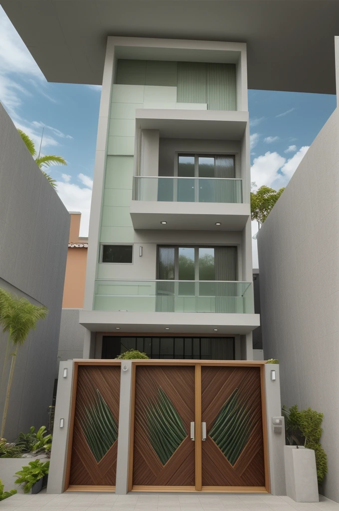 modern villa on street, (daylight), tropical tree, green shrub and plants, vivid color, streetcapes, minimalist design, brigth grey tone, (large glass door:1.2), warm interior lighting, modern material, best quality, ultra realistic, masterpiece, 
