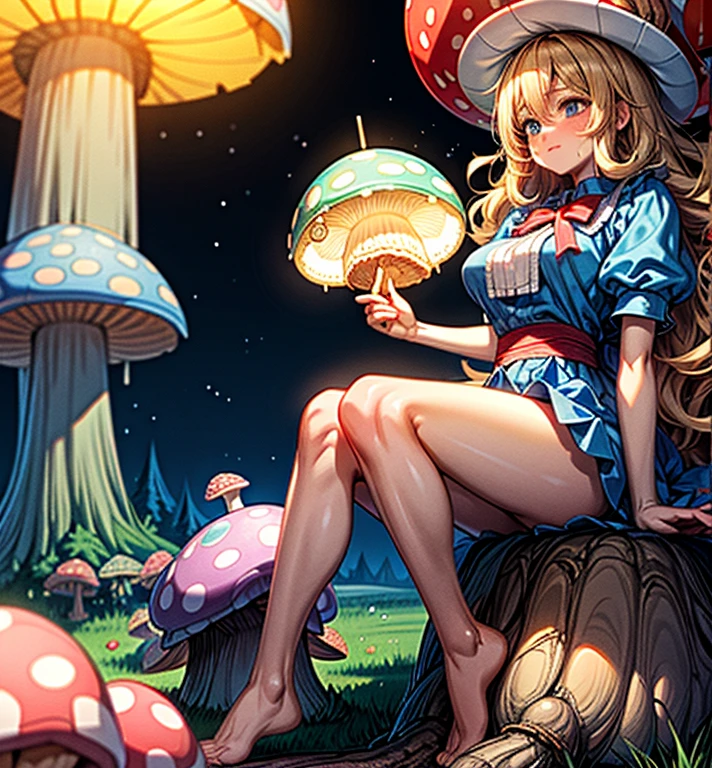 (masterpiece, top quality, best quality), pixel,pixel art, beautiful blonde woman with big messy hair, Alice in Wonderland, holding a glowing mushroom in her hands with colorful stars, sitting on a giant glowing mushroom 
 