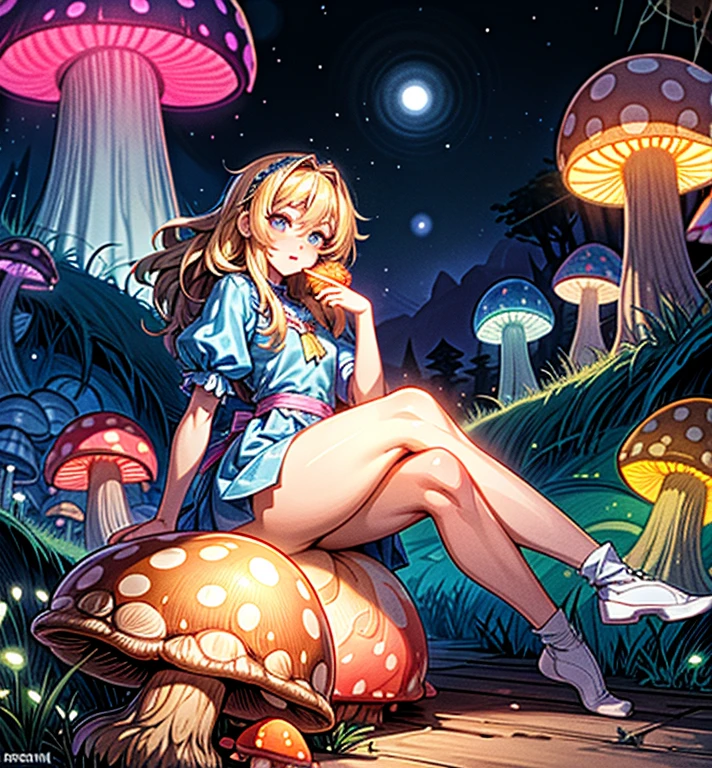 a beautiful nude 20 year old blonde woman with big messy hair, reaching for a glowing mushroom, sitting on a giant glowing mushroom, fantasy art style, cartoon vibrant, cute detailed digital art, colorful digital fantasy art, digital fantasy art ), glossy digital painting, pastel vibrant