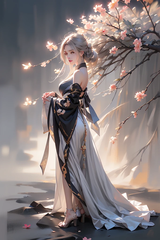 ((Full body images:1.3))super high quality, masterpiece, Perfect illustration, Very detailed (Exquisite light and shadow, Very dramatic photo,Backlight) , ((Gray Hair:1.5))1 Girl,(( alone:1.6)), (Wearing Han clothes, Black Hanfu,Monotony,Long sleeve、Gorgeous costumes、Highly decorated Hanfu) Flower Field, Flowers, (White smoke:1.3) (Realistic:1.4), Zen Intertwining, Tangled, Official Art, unity 8k wallpaper, Very detailed, Beautiful and beautiful, masterpiece, Highest quality, (Dynamic Angle: 1.4), Glowing Skin, (Floating colorful flashes: 1) The most beautiful chaotic shapes, elegant, Brutalist Design, Bright colors, Romantic Depth of Field Exotic_dance, half_naked、Expose your shoulders、Ample breasts、Great cleavage、Dynamic pose、Backlight,((from back side))
