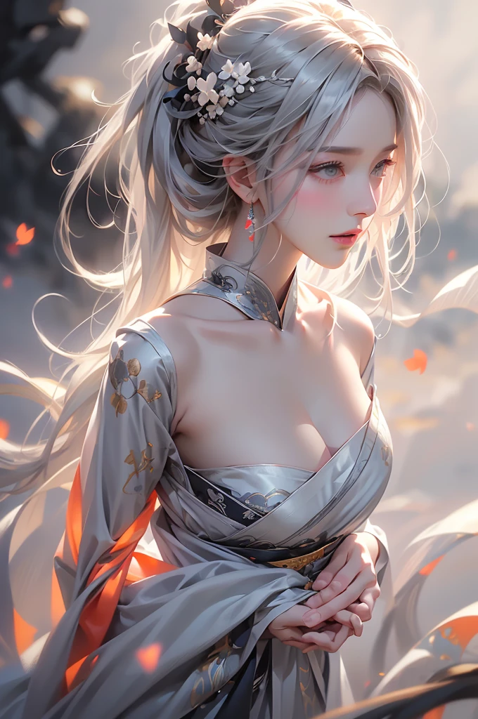 ((Full body images:1.uper high quality, masterpiece, Perfect illustration, Very detailed (Exquisite light and shadow, Very dramatic photo,Backlight) , ((Gray Hair:1.5))1 Girl,(( alone:1.6)), (Wearing Han clothes, Black Hanfu,Monotony,Long sleeve、Gorgeous costumes、Highly decorated Hanfu) Flower Field, Flowers, (White smoke:1.3) (Realistic:1.4), Zen Intertwining, Tangled, Official Art, unity 8k wallpaper, Very detailed, Beautiful and beautiful, masterpiece, Highest quality, (Dynamic Angle: 1.4), Glowing Skin, (Floating colorful flashes: 1) The most beautiful chaotic shapes, elegant, Brutalist Design, Bright colors, Romantic Depth of Field Exotic_dance, half_nakeose your shoulders、Ample breasts、Geavage、Dynamiccklight,((from back side))