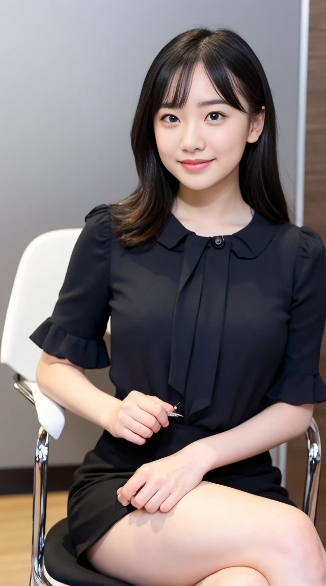 Japanese women、sexy,Fine skin、Star Piece、Beautiful breasts High quality、Perfect Sentence、so beautiful、High resolution face、Light makeup、Beautiful ass high quality、Glowing Beautiful Skin、Glowing Beautiful Skin step piece、Transparent beauty、Realistic、smile、Looking at the camera、Whitening skin、maStar Piece、Wavy Hair、Girlfriend、A tight-fitting shirt with a collar and buttons、Tight mini skirt、(Large Breasts)、Thin and beautiful legs、Slender、Sitting in a chair in the office