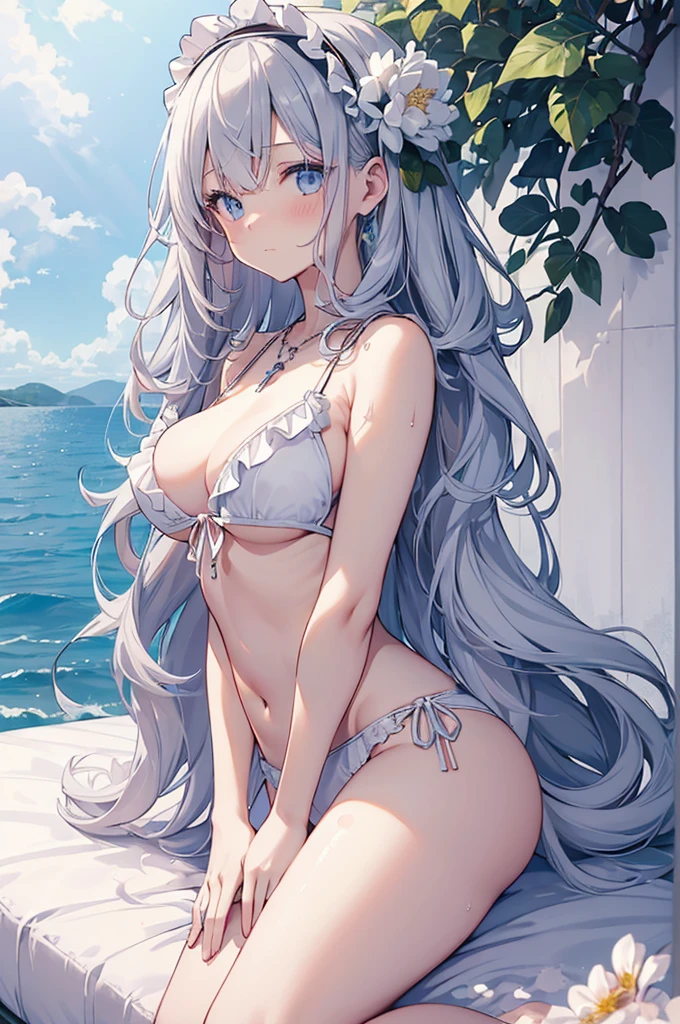 ((girl kawaii)), (a extremely delicate and beautiful girl), beautifully painted, cute, ((sense of digital)), (best detailed girl), lying on the lake, wet, girl, young, long hair blown up, Hair with flower, (grey hair), cute face, embarrassed, complex details beautiful and delicate eyes, closed mouth, (large breasts), thighs, pale blue eyes, white skin, Frill, hairband, cross necklace, Bracelet, (white bikini), cardigan, white Clothes, (beach), (dusk sky), back lighting, (((wallpaper 8k CG))), ((absurdres)), masterpiece,