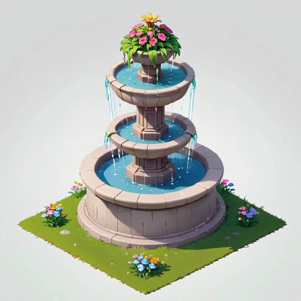 Isometric Model,a fountain,Flowers,grassland,white background,Game architecture design,Cartoon,casual game style, Game assets,Isometric,2d,Game Art