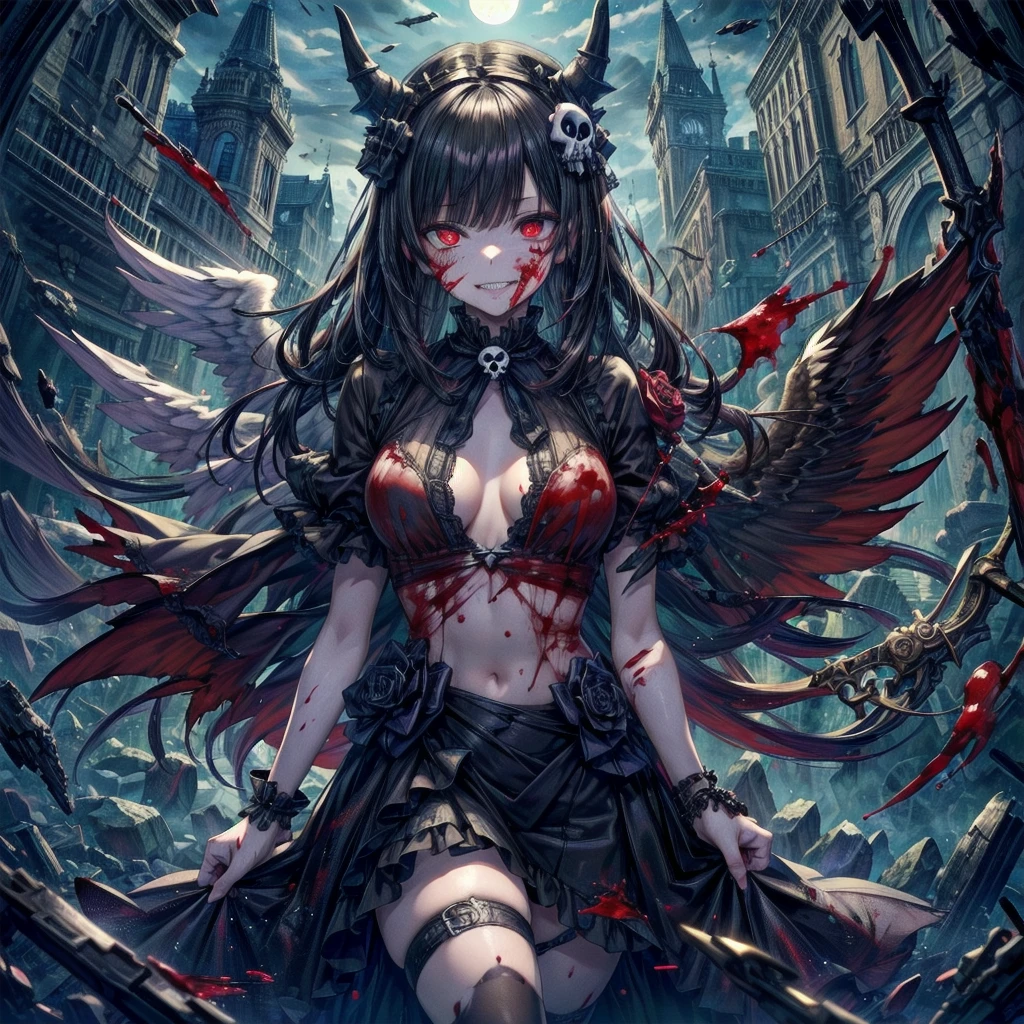 (Highest quality,4K,High resolution,masterpiece:1.2),Very detailed,Realistic:1.37,Spooky altar background,Dark fantasy,Red color scheme,Ominous atmosphere,Eye-catching,Storytelling,anatomy,Anime Style,Concept Art,beautiful細部までこだわった顔と (((Red eyes ))),Terrifying Ritual ,Satanic Ritual,Untimely Death,Unjust act,Crazy Smile,Scythe Face,Girl Monster, beautiful, Delicate facial features, Sharp Eye, Sharp Fangs, Pale skin, Thick chain, Dark Background, Cinema Lighting, Dramatic Shadows, Gothic style, Gloomy atmosphere, Dark fantasy, One Girl, , Please open your mouth wide, Open your mouth and baring your teeth,Sharp teeth like a beast, Wide lips, very wide mouth, Vermilion cheeks, ,(Blood splatter:1.4),Scary smile, laugh at,Fallen angel design, Twisted smile、Bloodstained、bleeding from the head,,、Blood splatter、,(Blood splatter:1.4),Crossbones, skull,Horror Style, ((Fantasy Fallen Angel Costume)), ((Flowing black hair)), ,(Blood splatter:1.4),Female curves, Sexy flat stomach, Perfect hands, Perfect anime face, ((White ta Dress)), Are standing, ((Wicked Smile)), ,(Blood splatter:1.4), Steam circulates, Moonlight Illumination, night lighting, disaster々new devil horns,,(Blood splatter:1.6),アニメFallen angel design, Twisted smile、Bloodstained、bleeding from the head,,、Blood splatter、,(Blood splatter:1.4),Crossbones, skull,Gothic architecture、Western architecture、Fantasy World、,Victorian cities, Skeleton Gaslight,